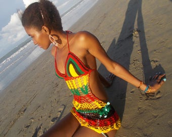 Rasta Handmade crochet dress see trough 07. Jamaican Bikini cover up