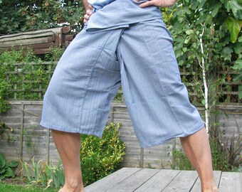 SHORT Thai FISHERMAN Pants 100% cotton  classic PINSTRIPE  with side pocket 3/4 length