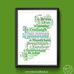 Top 100 Irish Surnames in Irish Word Art Print