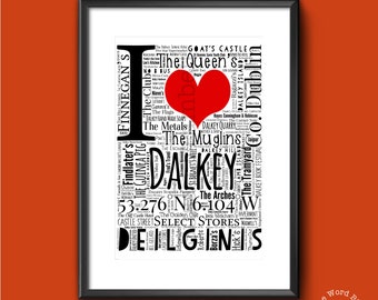 I LOVE DALKEY, Co Dublin A3 Print by The Word Bird Word Art Ireland