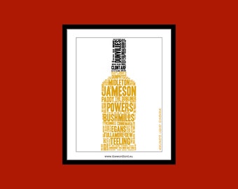 A Bottle of Irish Whiskeys A3 Print di The Word Bird Word Art Ireland