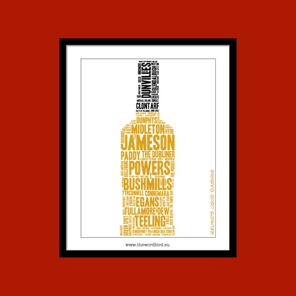 A Bottle of Irish Whiskeys A3 Print by The Word Bird Word Art Ireland
