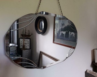 Vintage art deco distressed frameless bevelled mirror