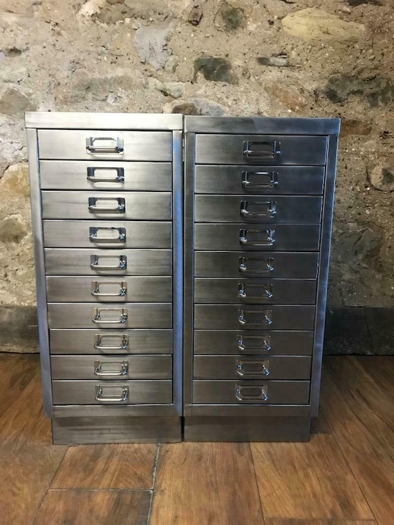 A Pair Of Industrial Stripped Metal 10 Drawer Filing Cabinets Etsy