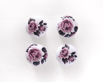 Shabby Romantic Knobs. Wooden floral spring knobs. Set of 4 dresser knobs. Cabinet drawer knobs. Pink Flower Vintage style pull knobs.