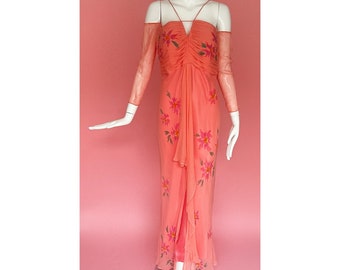 S/M Vintage Lillie Rubin Coral Chiffon Gown With Matching Sleeves