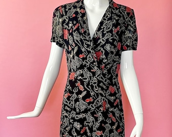 S / M 1990s fait 1940s DKNY Novelty Print Dress