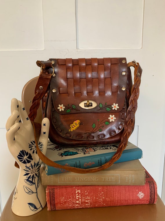 1970s Woven Tooled Leather Painted Purse