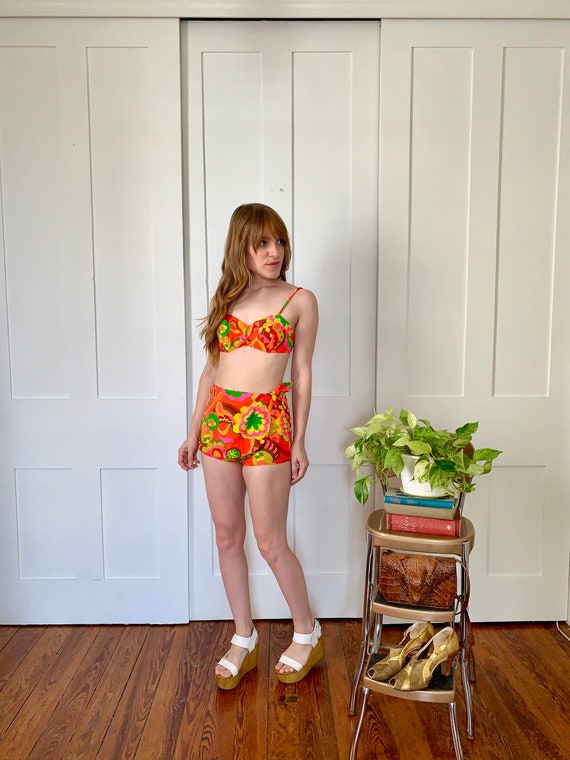Xs/S 1960s Psychedelic Neon Bikini Playsuit by Ann