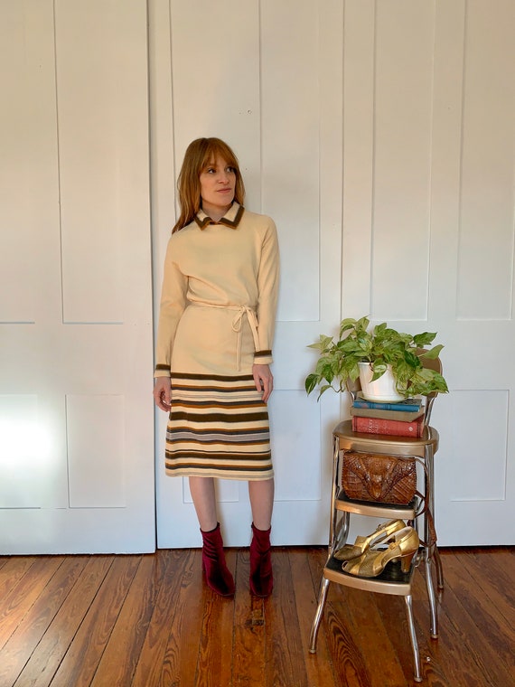 S/M 1970s Goldworm Knit Striped Dress