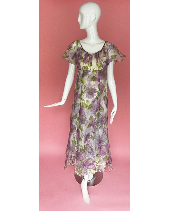 1960s Coco California Purple Floral Chiffon Gown