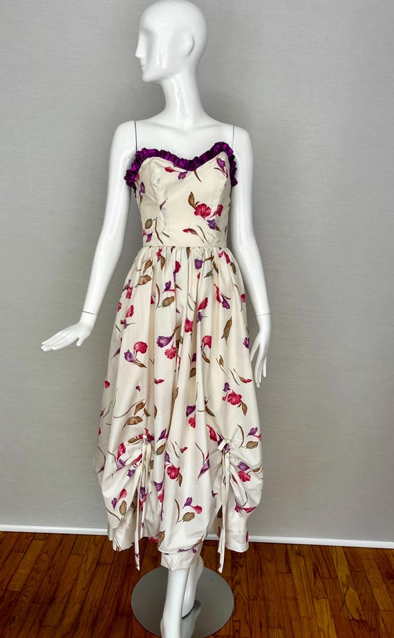 The Flora Gown, 1970s Strapless Flower Print Brid… - image 1