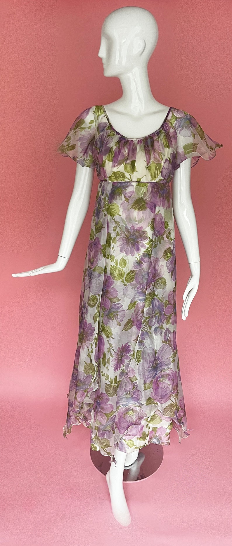 1960s Coco California Purple Floral Chiffon Gown image 2