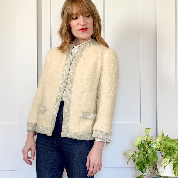 1960s Lilli Ann Ivory Boucle and Brocade Jacket
