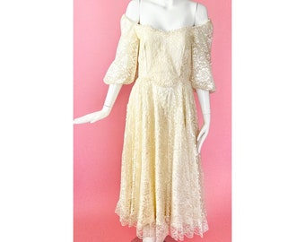 The Brigitte Dress; 1980s Off the Shoulder Lace Wedding Dress