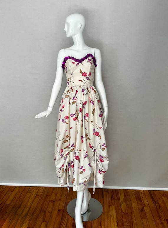 The Flora Gown, 1970s Strapless Flower Print Brid… - image 2