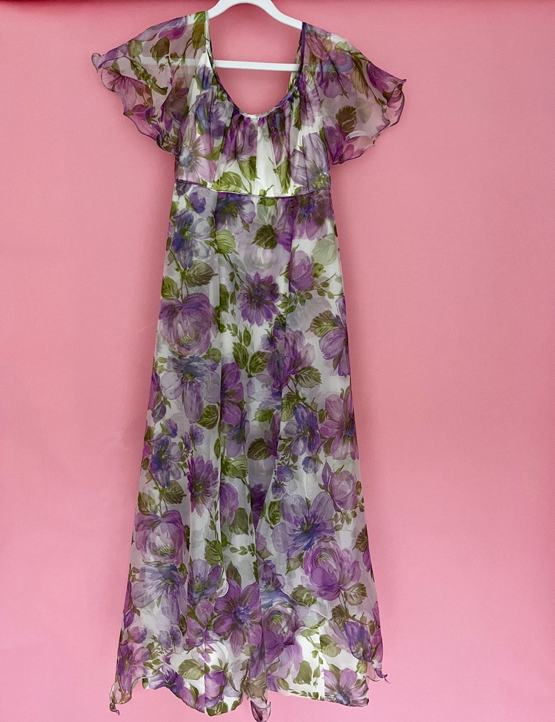 1960s Coco California Purple Floral Chiffon Gown image 3