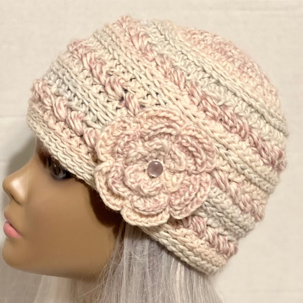 Crochet women's hat, beanie, cap, removable flower, ACRYLIC/WOOL, blush pink, rose, grays, ready to ship W95