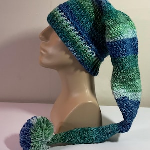 Stocking hat, Crochet multi sizes, unisex men women, long tail, elf, self striping, toque, green, multi colored, pom pom, ready to ship