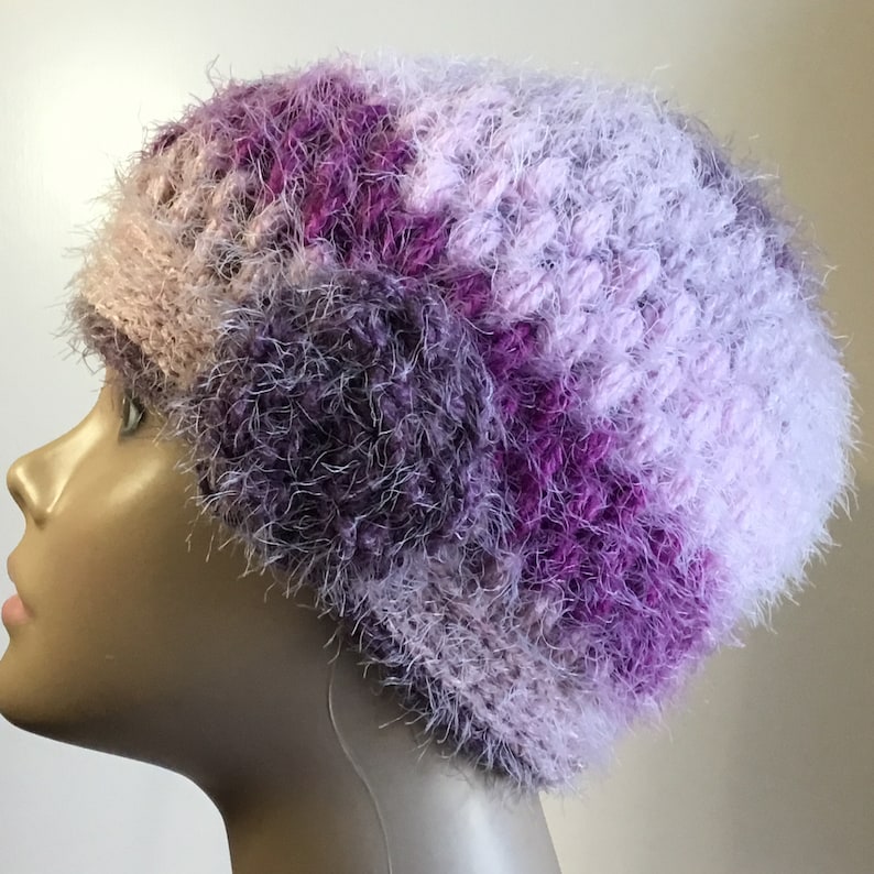 ACRYLIC Women/'s spiral ribbed beanie hat,cloche self striping purplepink heather removable flower brushed yarn Ready to Ship 365