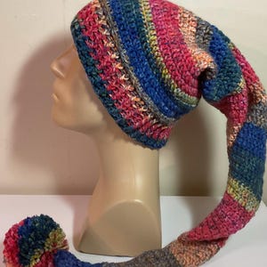 Stocking hat, Crochet multi sizes, unisex men women long tail, elf, self striping, toque, multi colored, pom pom