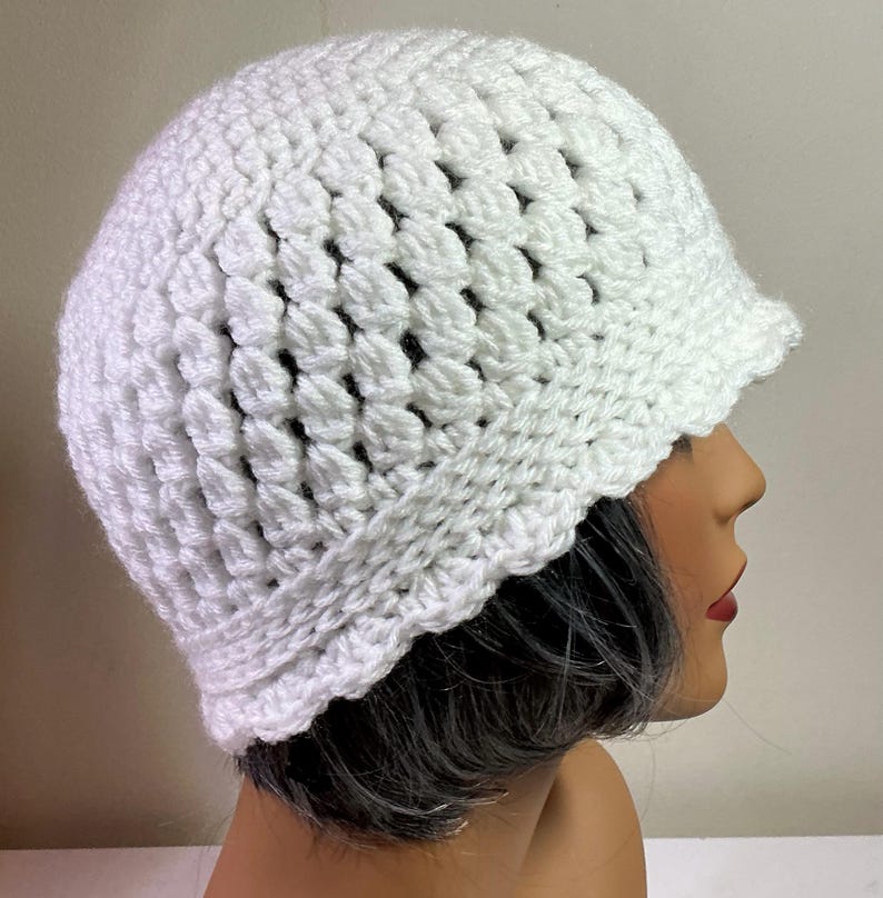 Handmade, Crochet Women's Hat / Beanie, Soft White, Ruffled Edge, Chemo ...