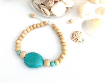 Bohemian summer beach style beaded bracelet, wooden beads and faux turquoise stone, multi size fit