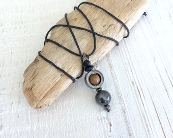 Unisex necklace with Hematite pendant on adjustable cord