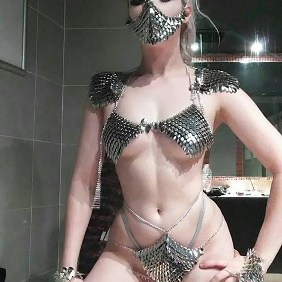 Silver Medieval Armor Sexy Showgirl Cage Bra And Thong