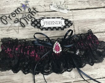 Fuchsia black prom garter with fuchsia jewel.  Fuchsia prom garter.