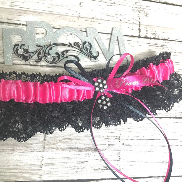 Shocking pink and black prom garter.  Prom dance garter. Pink prom garter.