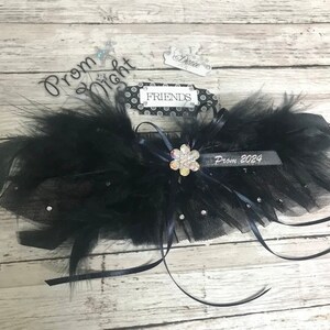 Black feathered prom garter with rhinestones.  Black rhinestone prom garter. Prom garters.