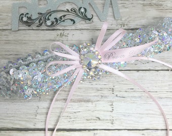 Silver and Pink Prom Garter.  Stretch sequin prom garter.