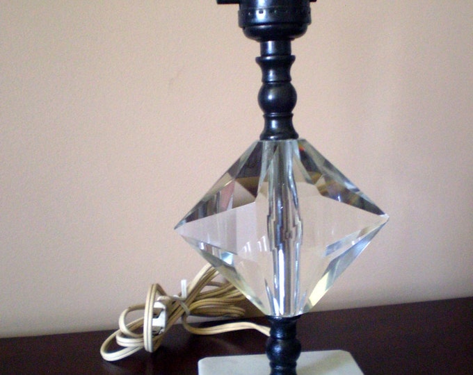 Small Clear Glass Dresser Lamp With Diamond Shape and Marble Base