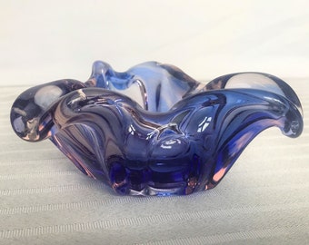 Deep Shades of Blue Glass Ashtray, Blooming Flower Ashtray