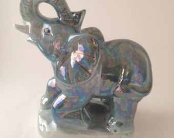 Shiny Bright Blue Ceramic Elephant Standing, Prancing Circus Animal Figurine