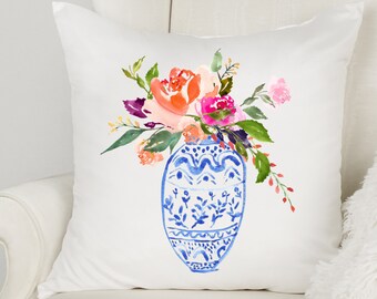 Cushion Cover - Watercolour Bouquet in Blue and White Chinoiserie Vase - No.1 - 18" x 18" | Shipping included in price