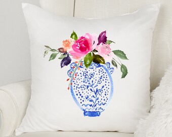 Cushion Cover - Watercolour Bouquet in Blue and White Chinoiserie Vase - No.3 - 18" x 18" | Shipping included in price