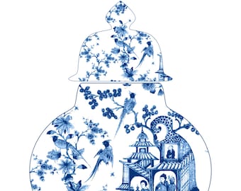 Blue and White Chinoiserie Toile Ginger Jar Art Print - Printable