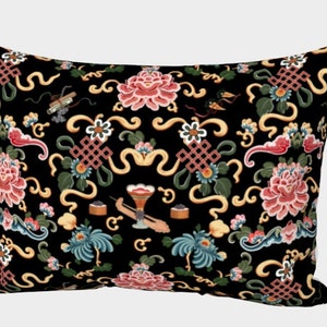 Pillow Sham &quot;Chinoiserie Joie de Chinois&quot; on Black | White Back - Envelope Style Enclosure Back | Shipping Included in Price