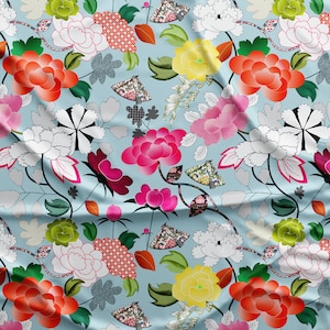 Floral Fabric | &quot;Chinoiserie POP on Blue&quot; | Poly Canvas - 54&quot;  inch Wide x 39&quot; inch Length per Meter