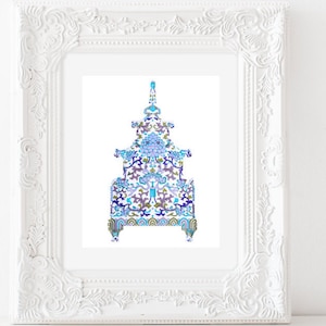 Blue Chinoiserie Art Print - Printable - Pagoda with Blue Floral Pattern to Print Yourself!