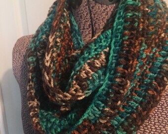 Ocean Beach Winter Fall CROCHETED COWL SCARF Handmade Infinity Costal Colors  Scarf Shoreline Blues Browns Ready to Ship One Available