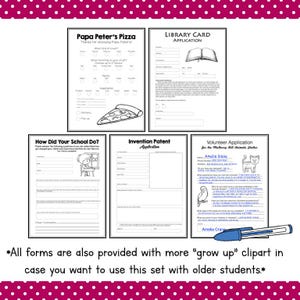 May include: A collection of five printable forms including a Papa Peter's Pizza order sheet, a library card application, a school feedback form, an invention patent application, and a volunteer application for an animal shelter, with a blue pen.