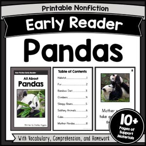 PANDAS Frühleserbuch K-2 Tierfakten Druckbare PDF-Arbeitsblätter zum Leseverstehen Kurze Geschichten mit Fragen Alphabetisierungsaktivität