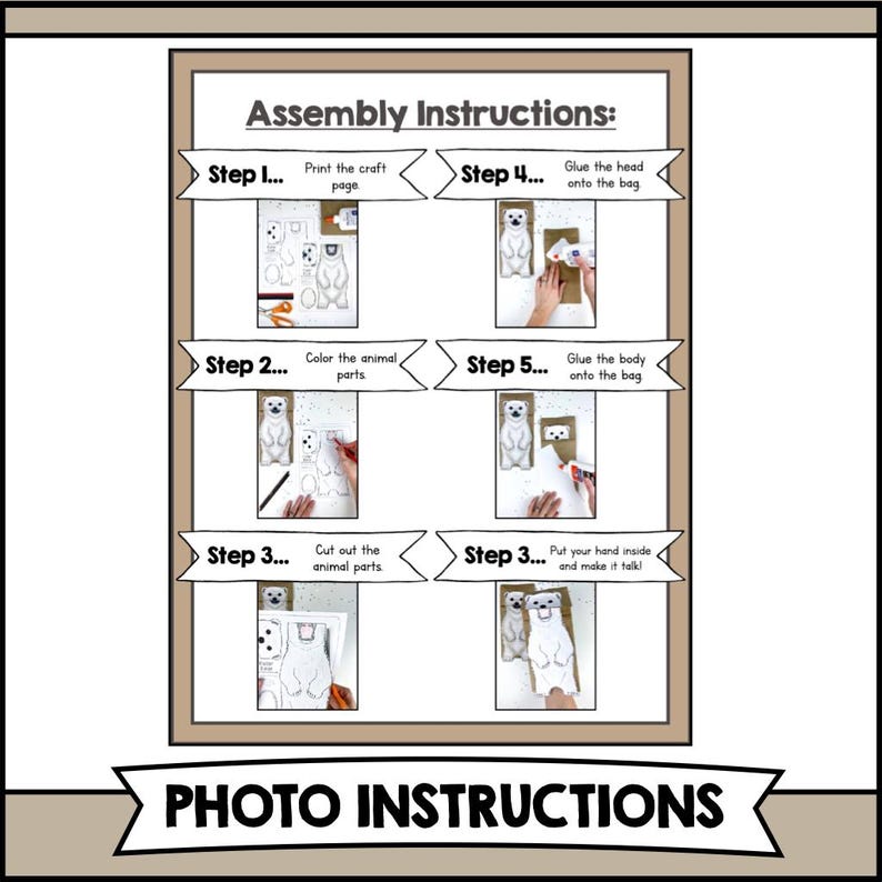Printable Polar Bear Paper Bag Puppet Craft Kit | DIY ARCTIC Animal Template PDF | Kids Winter Craft & Educational Art Activity image 4