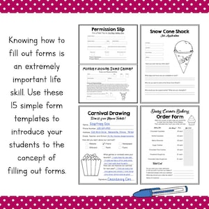 May include: A collection of 15 printable form templates for students, including a Permission Slip for the Bay Valley Zoo, a Monkey House Jump Center form, a Snow Cone Shack job application, a Carnival Drawing entry, and a Daisy Corner Bakery order form.