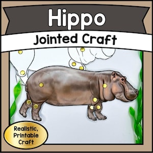 Pode incluir: Um artesanato articulado de hipopótamo marrom com o texto "Hippo Jointed Craft" no topo. O artesanato é feito de várias peças conectadas com fixadores amarelos. As palavras "Realistic, Printable Craft" estão em um oval dourado na parte inferior.