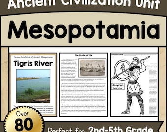 Może przedstawiać: Materiał edukacyjny zatytułowany "Ancient Civilization Unit Mesopotamia". Obraz zawiera tekst i ilustracje dotyczące Tygrysu, Kolebki Życia i asyryjskiego wojownika. Zasób opisany jest jako liczący ponad 80 stron i idealny dla klas 2-5.