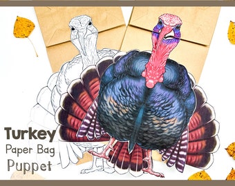 Turkey Paper Bag Puppet Craft Kit | Printable Template For Kids | Eco-Friendly Puppet Play | Paper Bag Articulated Project For Creative Fun